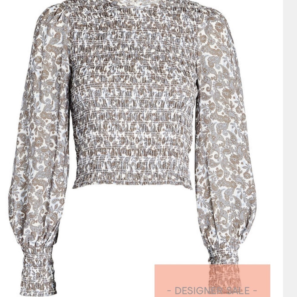 NEW Intermix Womens Bay Smocked Blouse Cropped Long Sleeve Multi Pattern Size S